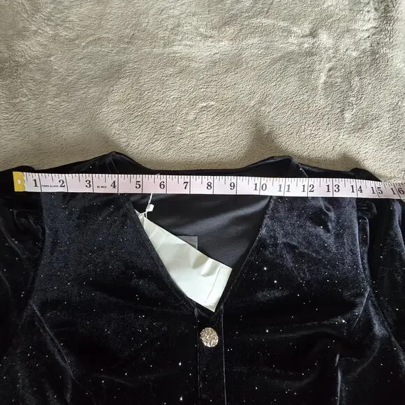 Black Velvet Mini Dress Button Front Long Sleeve Sparkle Holiday Party Cocktail - Picture 14 of 16